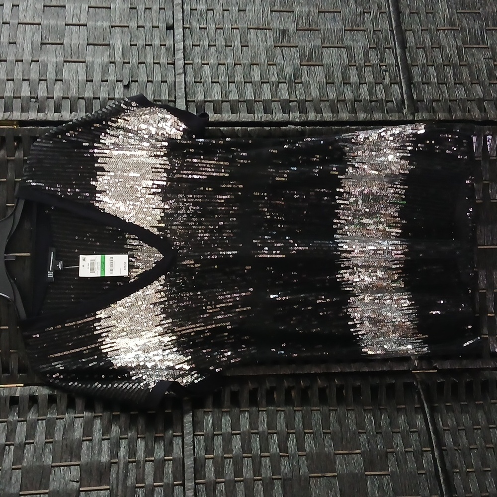 NWT International Concepts Sequin V-Neck Black/Silver Women's Sheer Top SZ L
